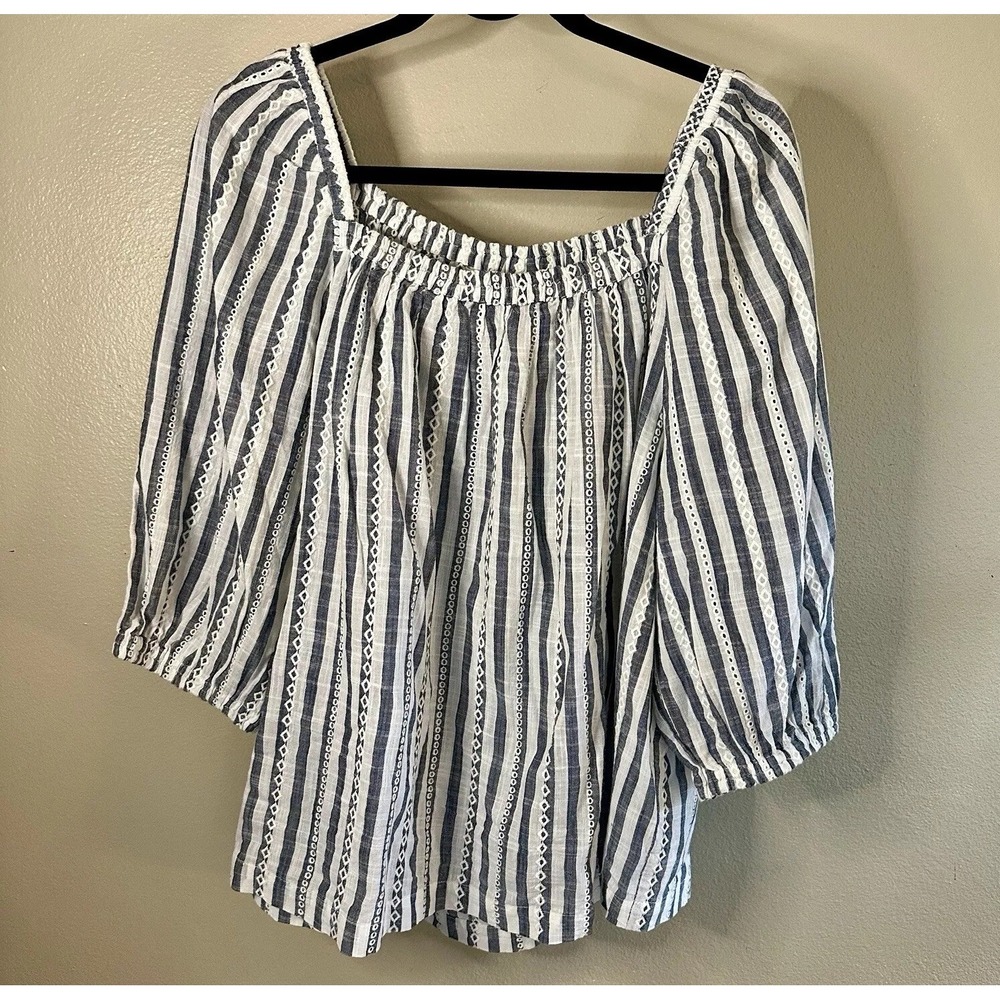 Cafe Marrakech Woman's XL ‎ 100% Cotton Striped Blue & White Eyelet Boho Blouse